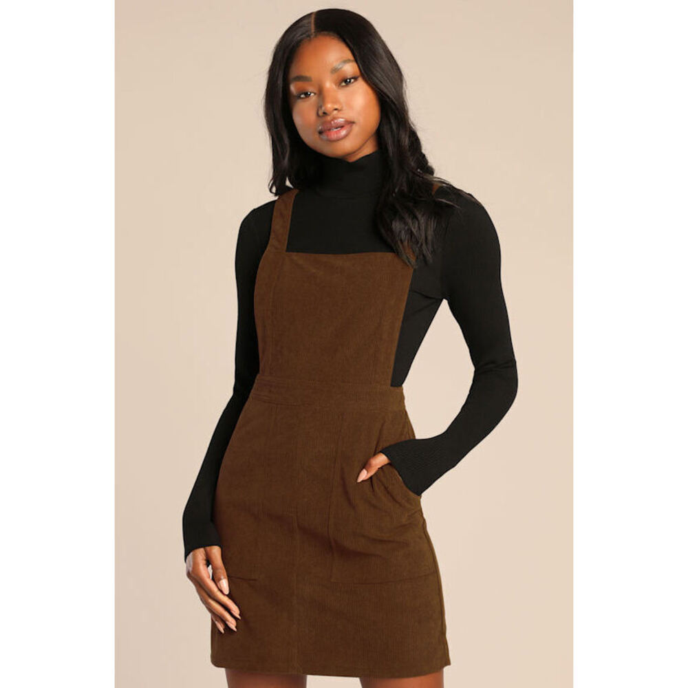 Lulus Embracing Autumn Chocolate Corduroy Pinafore Mini Dress Red - Size XS